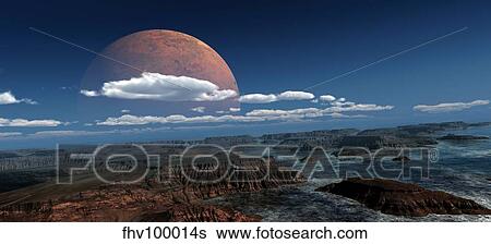 A moon rises over a young world. View Large Illustration Stock Illustration - A moon rises over a young world.. Fotosearch