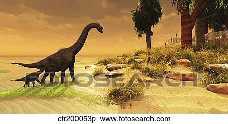 Stock Illustration - A mother Brachiosaurus Dinosaur and her offspring.. Fotosearch