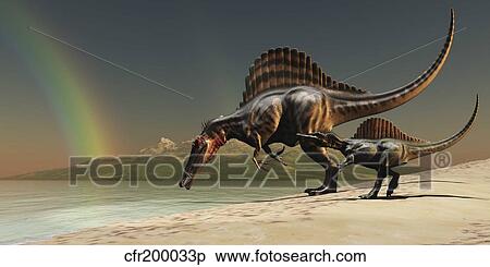 Stock Illustration - A mother Spinosaurus brings her offspring to a lake for a drink of water.. Fotosearch