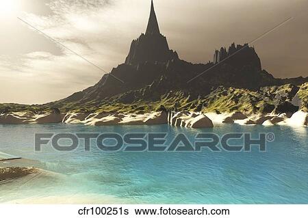A mountain spire overlooking the turquoise waters of a sea inlet. View Large Illustration Stock Illustration - A mountain spire overlooking the turquoise waters of a sea inlet.. Fotosearch