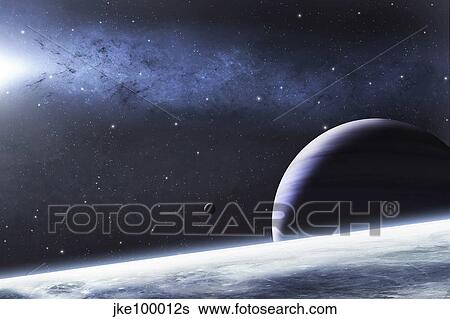 Stock Illustration - A mysterious light illuminates a small nebula and nearby planets.. Fotosearch