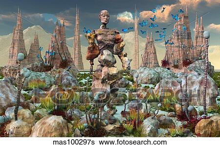 A mysterious stone android stands alone on an alien planet. View Large Illustration Stock Illustration - A mysterious stone android stands alone on an alien planet.. Fotosearch