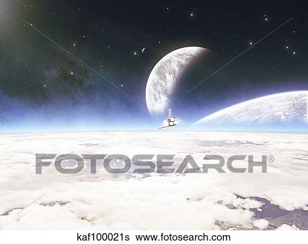 A NASA spacecraft begins it approach of planet Northwind in hopes of finding forms of life. View Large Illustration Stock Illustration - A NASA spacecraft begins it approach of planet Northwind in hopes of finding forms of life.. Fotosearch