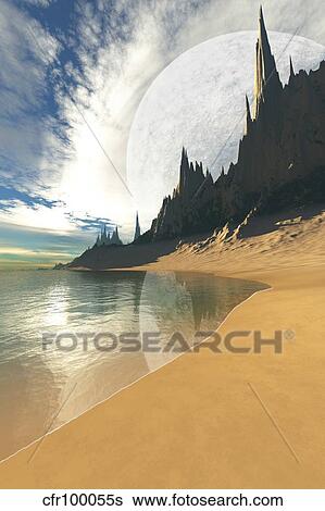 Stock Illustration - A nearby planet hovers in the sky of this cosmic planet.. Fotosearch