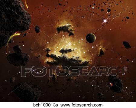 A nebula evaporates in the far distance of an asteroid field. View Large Illustration Stock Illustration - A nebula evaporates in the far distance of an asteroid field.. Fotosearch