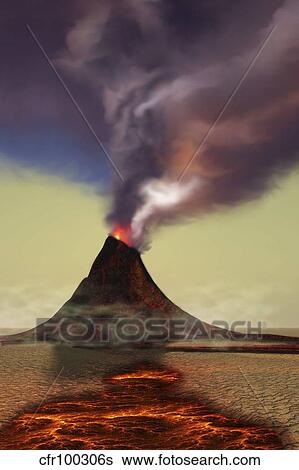 Stock Illustration - A newly formed volcano smokes with hot steam.. Fotosearch