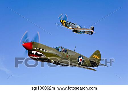 A P-40E Warhawk and a P-51D Mustang Kimberly Kaye in flight. View Large Photo Image Picture - A P-40E Warhawk and a P-51D Mustang Kimberly Kaye in flight.. Fotosearch