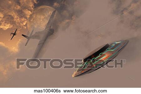 Stock Illustration - A P-51 Mustang gives chases to a mysterious UFO.. Fotosearch