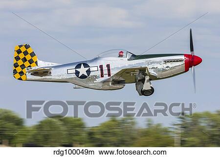 A P-51 Mustang takes off from Oshkosh, Wisconsin. View Large Photo Image Picture - A P-51 Mustang takes off from Oshkosh, Wisconsin.. Fotosearch