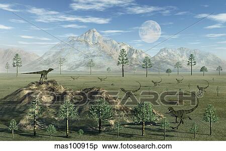A pack of carnivorous Juravenators during the Jurassic Period. View Large Illustration Stock Illustration - A pack of carnivorous Juravenators during the Jurassic Period.. Fotosearch