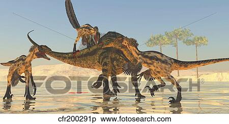 A pack of Deinonychus dinosaurs attack a Tenontosaurus. View Large Illustration Stock Illustration - A pack of Deinonychus dinosaurs attack a Tenontosaurus.. Fotosearch