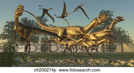 A pack of Dilophosaurus dinosaurs hunting for prey. View Large Illustration Stock Illustration - A pack of Dilophosaurus dinosaurs hunting for prey.. Fotosearch