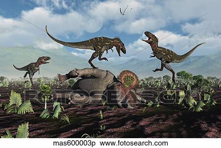 A pack of Nanotyrannus dinosaurs attacking a lone Triceratops. View Large Illustration Stock Illustration - A pack of Nanotyrannus dinosaurs attacking a lone Triceratops.. Fotosearch