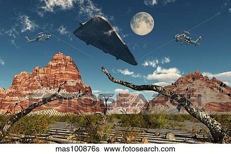 Stock Illustration - A pair of AH-64 Apache Black Ops helicopters chasing a UFO.. Fotosearch