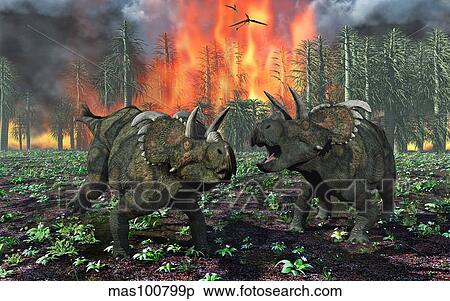 A pair of Albertaceratops running away from a forest fire. View Large Illustration Stock Illustration - A pair of Albertaceratops running away from a forest fire.. Fotosearch