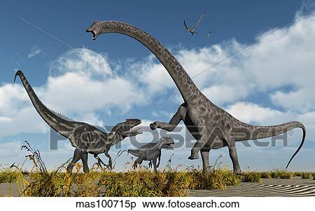 A pair of Allosaurus dinosaurs confront a giant Diplodocus. View Large Illustration Stock Illustration - A pair of Allosaurus dinosaurs confront a giant Diplodocus.. Fotosearch