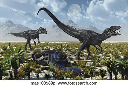 Download A pair of Allosaurus dinosaurs kill a Camptosaurus dinosaur. Stock Illustration | mas100589p ...