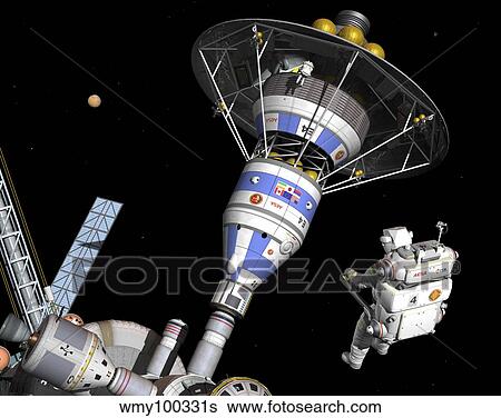 A pair of astronauts perform an inspection of a manned Mars lander. View Large Illustration Stock Illustration - A pair of astronauts perform an inspection of a manned Mars lander.. Fotosearch