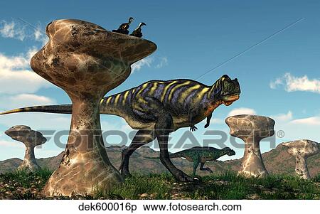 A pair of Aucasaurus dinosaurs walk amongst a forest of stone sculptures. View Large Illustration Stock Illustration - A pair of Aucasaurus dinosaurs walk amongst a forest of stone sculptures.. Fotosearch