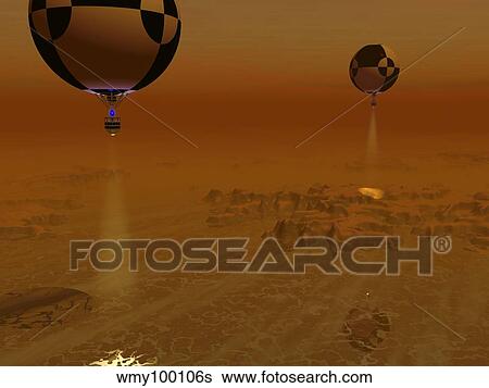 A pair of balloon-borne probes leisurely survey the surface of Titan. View Large Illustration Stock Illustration - A pair of balloon-borne probes leisurely survey the surface of Titan.. Fotosearch