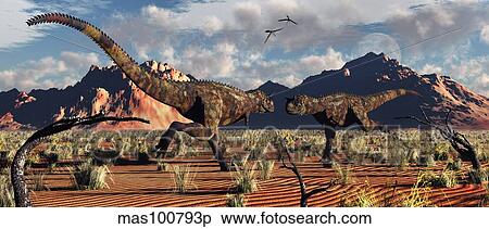 A pair of Carnotaurus dinosaurs in a territorial dispute. View Large Illustration Stock Illustration - A pair of Carnotaurus dinosaurs in a territorial dispute.. Fotosearch