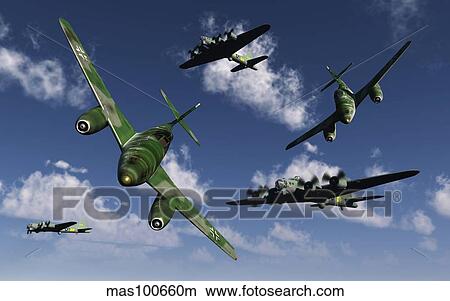 A pair of German Me 262 jetfighters attacking B-17 Flying Fortress bombers. View Large Illustration Stock Illustration - A pair of German Me 262 jetfighters attacking B-17 Flying Fortress bombers.. Fotosearch