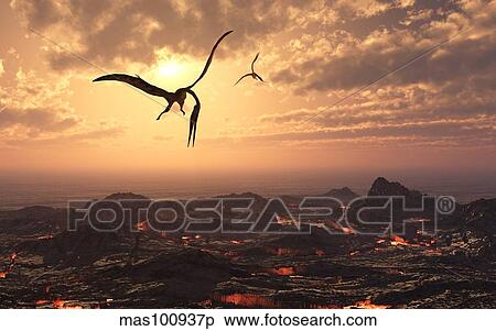 Stock Illustration - A pair of giant Quetzalcoatlus flying over a volcanic landscape.. Fotosearch