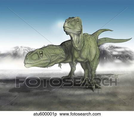 A pair of Giganotosaurus make their way across a volcanic landscape. View Large Illustration Stock Illustration - A pair of Giganotosaurus make their way across a volcanic landscape.. Fotosearch