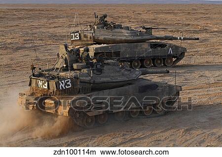 Picture - A pair of Israel Defense Force Merkava Mark IV main battle tanks.. Fotosearch