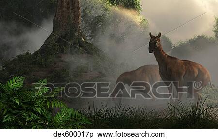 A pair of Macrauchenia grazing in a prehistoric forest. View Large Illustration Stock Illustration - A pair of Macrauchenia grazing in a prehistoric forest.. Fotosearch