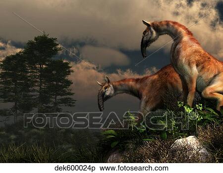 A pair of Macrauchenia on a hillside. View Large Illustration Stock Illustration - A pair of Macrauchenia on a hillside.. Fotosearch