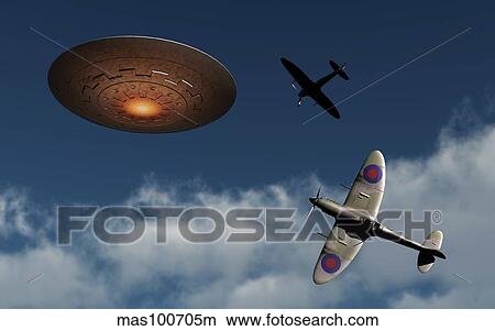 A pair of Royal Air Force Supermarine Spitfires giving chase to a UFO. View Large Illustration Stock Illustration - A pair of Royal Air Force Supermarine Spitfires giving chase to a UFO.. Fotosearch