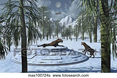 Stock Illustration - A pair of Sabre-Tooth Tigers encountering UFO's.. Fotosearch