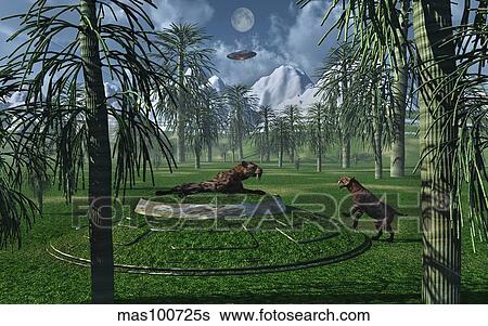 Stock Illustration - A pair of Sabre-Tooth Tigers encountering UFO's.. Fotosearch