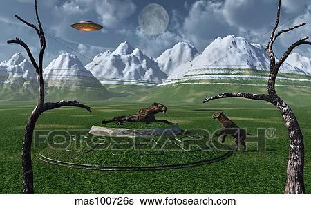 A pair of Sabre-Tooth Tigers encountering UFO's. View Large Illustration Stock Illustration - A pair of Sabre-Tooth Tigers encountering UFO's.. Fotosearch