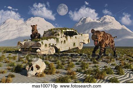 Stock Illustration - A pair of Sabre-toothed Tigers come across a 1950's American Chevrolet.. Fotosearch