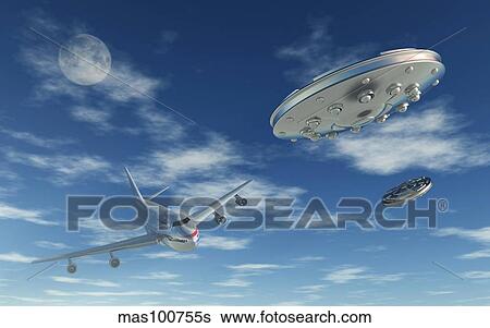 A pair of silver metallic disc shaped UFO's buzzing a Boeing 747 commerical airliner. View Large Illustration Stock Illustration - A pair of silver metallic disc shaped UFO's buzzing a Boeing 747 commerical airliner.. Fotosearch