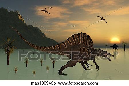 A pair of Spinosaurus hunting for fish. View Large Illustration Stock Illustration - A pair of Spinosaurus hunting for fish.. Fotosearch
