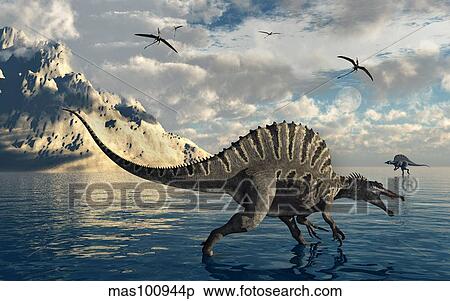 A pair of Spinosaurus hunting for fish. View Large Illustration Stock Illustration - A pair of Spinosaurus hunting for fish.. Fotosearch
