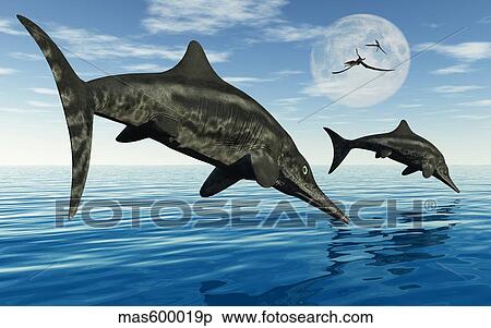 A pair of Stenopterygius ichthyosaurs jumping out of the water. View Large Illustration Stock Illustration - A pair of Stenopterygius ichthyosaurs jumping out of the water.. Fotosearch