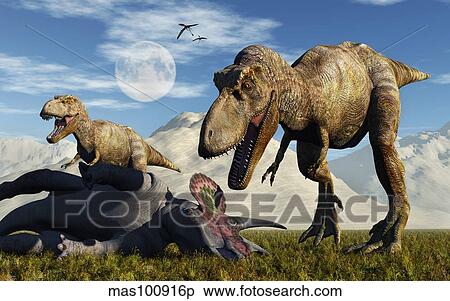 A pair of Tyrannosaurus Rex dinosaurs ready to make a meal of a dead Triceratops. View Large Illustration Stock Illustration - A pair of Tyrannosaurus Rex dinosaurs ready to make a meal of a dead Triceratops.. Fotosearch