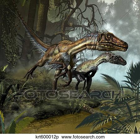 A pair of Utahraptors crossing a stream. View Large Illustration Stock Illustration - A pair of Utahraptors crossing a stream.. Fotosearch