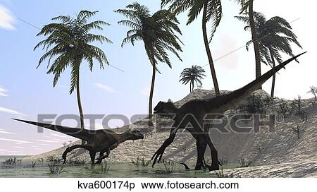 Stock Illustration - A pair of Utahraptors hunting on the shores of a prehistoric environment.. Fotosearch
