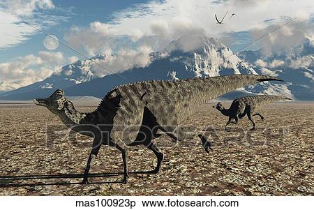 Stock Illustration - A pair of Velafrons hadrosaurid dinosaurs from the Cretaceous Period.. Fotosearch