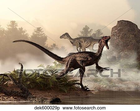 A pair of velociraptors patrol the shore of an ancient lake. View Large Illustration Stock Illustration - A pair of velociraptors patrol the shore of an ancient lake.. Fotosearch