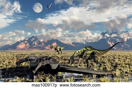 A pair of Yangchuanosaurus about to eat the remains of a dead Omeisaurus. View Large Illustration Stock Illustration - A pair of Yangchuanosaurus about to eat the remains of a dead Omeisaurus.. Fotosearch
