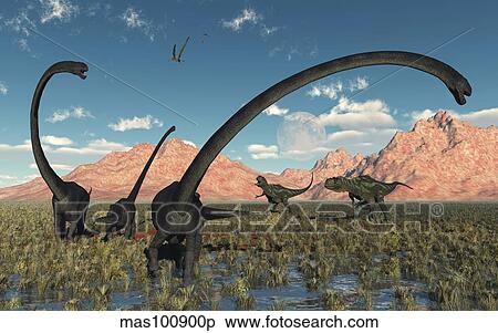 A pair of Yangchuanosaurus dinosaurs confront a family of Omeisaurus. View Large Illustration Stock Illustration - A pair of Yangchuanosaurus dinosaurs confront a family of Omeisaurus.. Fotosearch