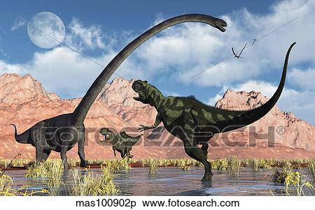 Stock Illustration - A pair of Yangchuanosaurus dinosaurs confront an Omeisaurus.. Fotosearch