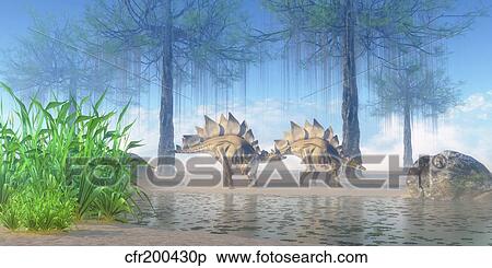 A pair Stegosaurus walking near a pond on a Jurassic misty morning. View Large Illustration Stock Illustration - A pair Stegosaurus walking near a pond on a Jurassic misty morning.. Fotosearch