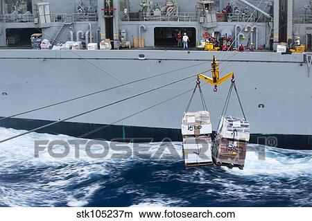 A pallet of supplies being delivered during a replenishment at sea. View Large Photo Image Picture - A pallet of supplies being delivered during a replenishment at sea.. Fotosearch